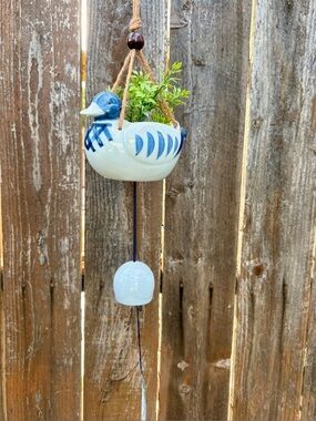 Japanese Bird Duck Wind Chime Planter, Blue & White Ceramic, Zen Garden Decor
